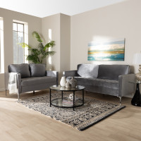 Baxton Studio Clara-Grey-2PC-Set Clara Modern and Contemporary Grey Velvet Fabric Upholstered 2-Piece Living Room Set